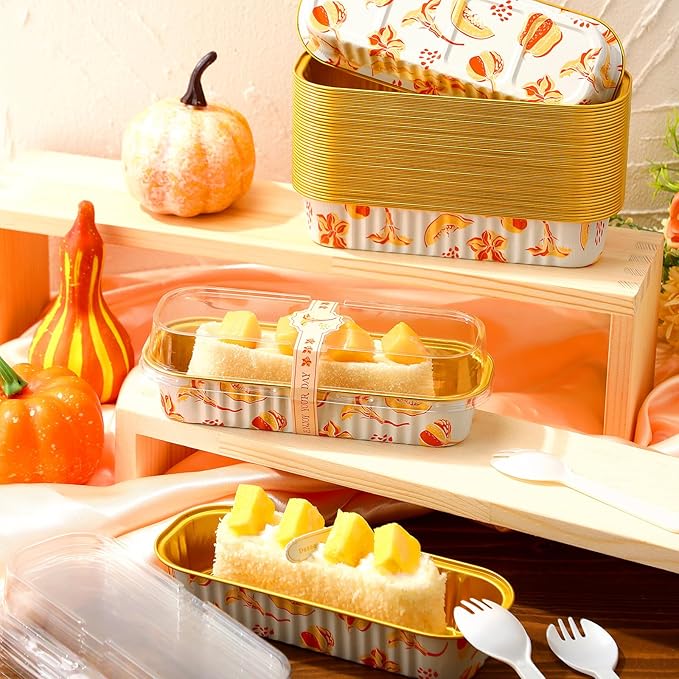 Tioncy 50 Pcs Autumn Themed Mini Pink Loaf Pans with Lids Spoons Sticker Cute Pumpkin 6.8oz Disposable Rectangle Aluminum Foil Baking Pans Muffin Cupcake Cups for Picnics Fall Birthday Party Supply