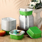 Aoriher 150 Pieces 10 oz Mini Cake Pans with Lids Aluminum Foil Baking Cups Square Disposable 4" x 4" Large Cupcake Cups Baking Tins for Kitchen Brownie Pudding Desserts Holders(Green)