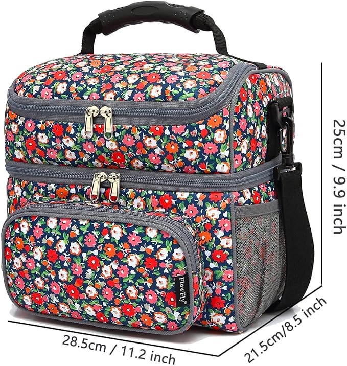 FlowFly Double Layer Cooler Insulated Lunch Bag Adult Lunch Box Large Tote Bag for Men, Women, With Adjustable Strap,Front Pocket and Dual Large Mesh Side Pockets