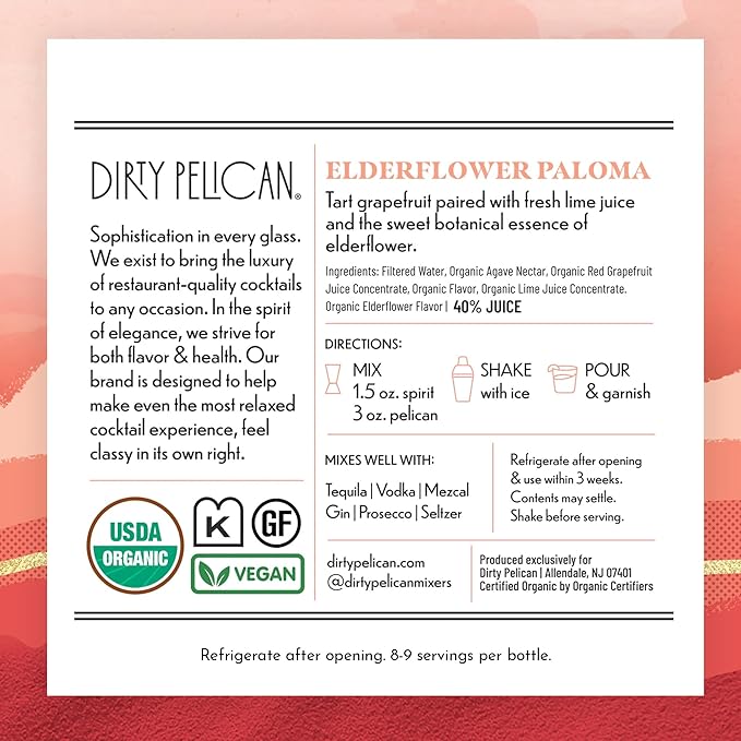 Dirty Pelican Cocktail Mixers - Elderflower Paloma - Skinny & Organic Drink Mixes for Cocktails - Low Calorie Mocktails - Low Sugar - Vegan - Gluten Free - No Preservatives - 750ml (1 Bottle)