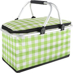 Insulated Picnic Basket,Collapsible Cooler Bag,32L Grocery Basket with Lid,2 Sturdy Handles,Storage Basket for Picnic,Food Delivery,Take Outs,Market Shopping,Travel (Green Grid)
