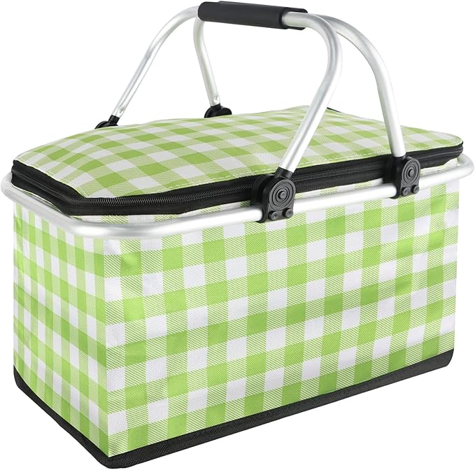 Insulated Picnic Basket,Collapsible Cooler Bag,32L Grocery Basket with Lid,2 Sturdy Handles,Storage Basket for Picnic,Food Delivery,Take Outs,Market Shopping,Travel (Green Grid)