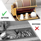 Bamboo Dish Drying Rack for Kitchen - Collapsible 3-Tier Wooden Folding Drainer with Utensil Holder and Dish Strainer Board for Countertop, Sink, and Racks Dryer (Natural)