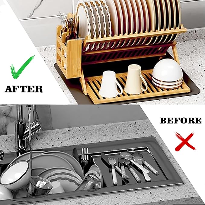 Bamboo Dish Drying Rack for Kitchen - Collapsible 3-Tier Wooden Folding Drainer with Utensil Holder and Dish Strainer Board for Countertop, Sink, and Racks Dryer (Natural)