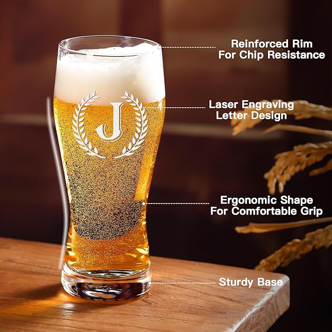 Personalized Etched 21oz Pint Beer Glass, (Letter J) A-Z Personalized Gifts for Him, Customized Pint Glasses, Custom Initial, Birthday Gift for Men Brother Husband
