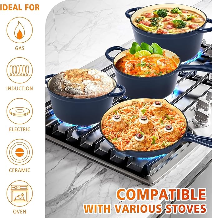 Hisencn Enameled Cast Iron Cookware Set - 7 Piece Set of Dutch Ovens, Sauce Pan, Skillet, 3 Lids, Dutch Oven Set, Ceramic Coated Cast Iron, Heavy Duty, Gas/Induction Compatible (Navy)