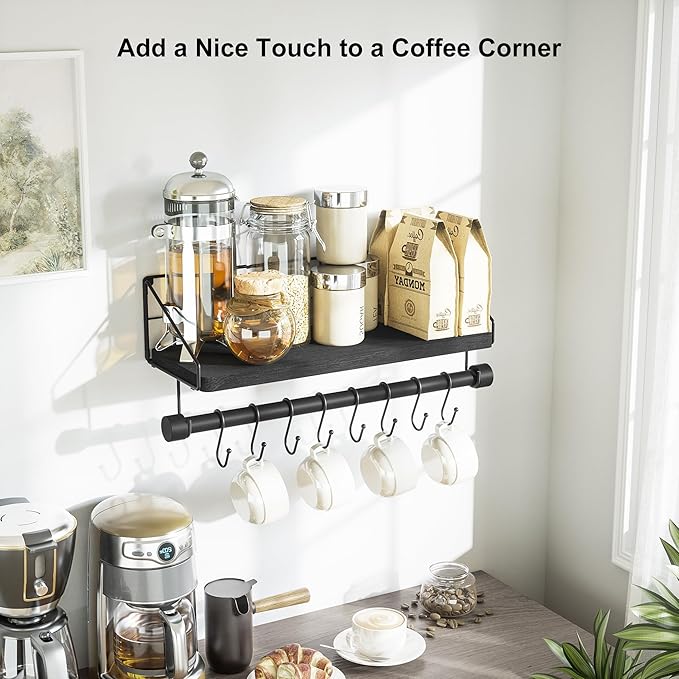 Alsonerbay Floating Shelves Wall Shelves for Bedroom, Bathroom Shelves Wall Mounted with Towel Bar, Kitchen Rustic Wood Shelf with Hooks for Hanging Cooking Utensils or Mugs