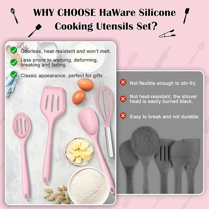 HaWare Kitchen Utensils, 14 PCS Silicone Cooking Utensils Set, Heat Resistant Kitchen Utensils for Non-stick Cookware, Kitchen Gadgets Tools with Spoons, Spatulas, Whisk, Dishwasher Safe (Pink)