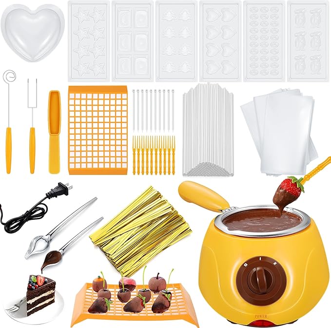 Umigy Electric Melting Chocolate Pot Gift Set Mini Fondue Fountain Pot Kit Chocolate Melting with DIY Mold and Accessories for Candy Christmas Milk Cheese Candy Home(Yellow)