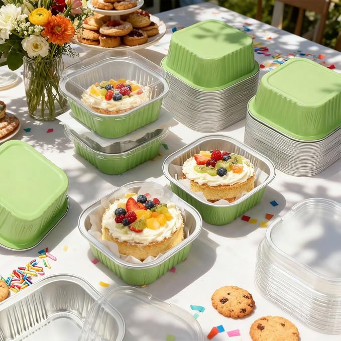 Aoriher 150 Pieces 10 oz Mini Cake Pans with Lids Aluminum Foil Baking Cups Square Disposable 4 x 4 Large Cupcake Cups Baking Tins for Kitchen Brownie Pudding Desserts Holders(Light Green)