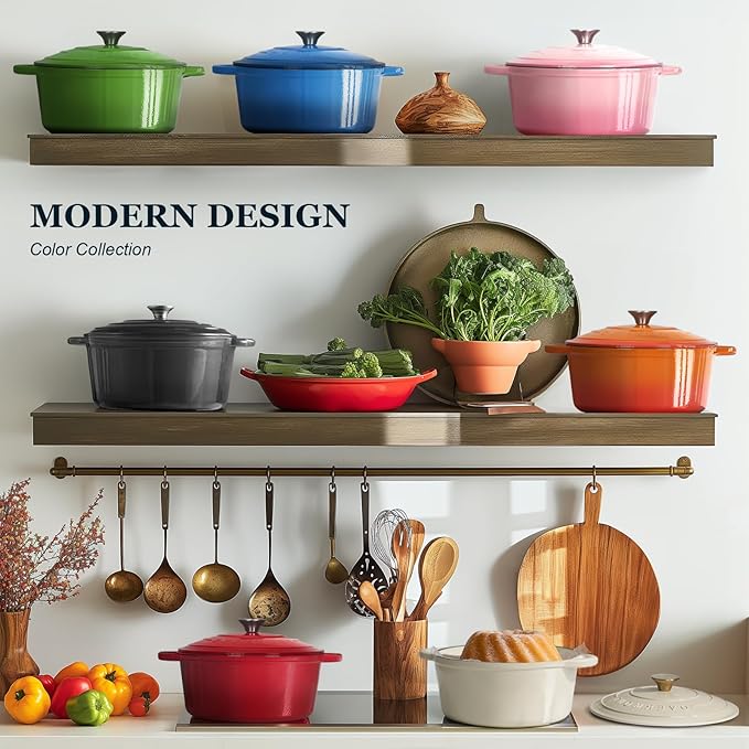 Overmont Enameled Cast Iron Dutch Oven - 7QT Pot with Lid Cookbook & Cotton Potholders - Heavy-Duty Cookware for Braising, Stews, Roasting, Bread Baking blue