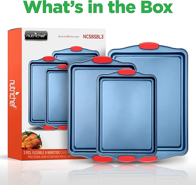 NutriChef Nonstick 3-Piece Baking Pans Set – Carbon Steel Bakeware with Blue Coating Inside & Outside and Red Silicone Handles, Durable and Reliable, Effortless Baking and Easy Cleanup (Blue)