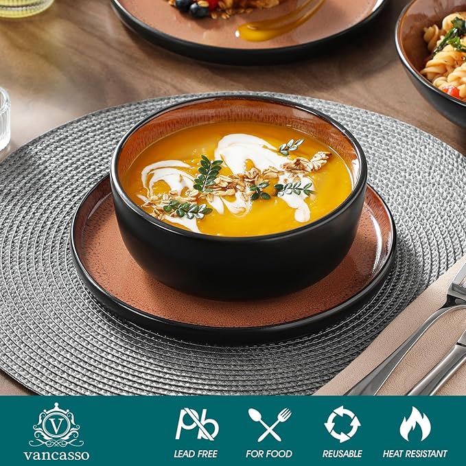 vancasso Plates and Bowls Sets, 24 Pieces Stoneware Dinnerware Sets for 8, Kitchen Dish Set Mircowave and Dishwasher Safe Dinner Set Ceramic Dishware, Brown, Series AMBER