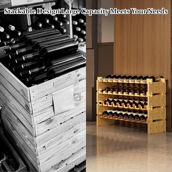 Bambloom Wine Rack Freestanding Floor, Stackable Wine Bottle Storage, Wooden Free Standing Wine Stand Organizer for Kitchen,Cellar. 36 Bottles Wine Holder Display Shelves for Champagne(Bamboo)