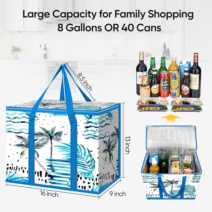 BALEINE 2Pk Insulated Reusable Grocery Bags, Collapsible Cooler Bag for Groceries, Heavy Duty Large Insulated Bag (Island Breeze)