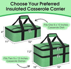 Insulated Casserole Carrier, Portable Casserole Carrier for Hot or Cold Food Lunch Tote Warmer or Cooler Bag, Lasagna Lunch Bag for Potluck Parties- Fits 9" x 13" Baking Dish-Green