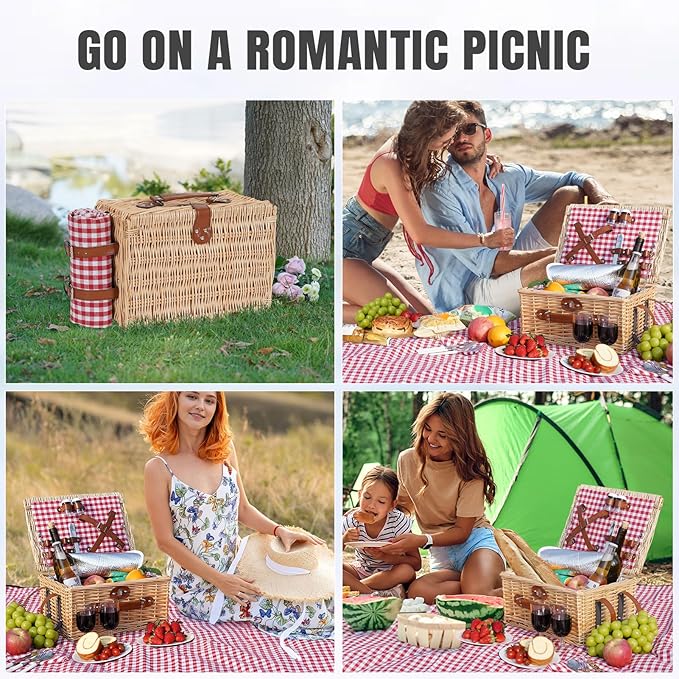 HappyPicnic Picnic Basket Set for 2 - Wicker Picnic Basket with Waterproof Blanket & Insulated Liner, Large Handmade Willow Hamper with Cutlery Kit for Outdoor, Picnic, Camping, Party, Holidays (Red)