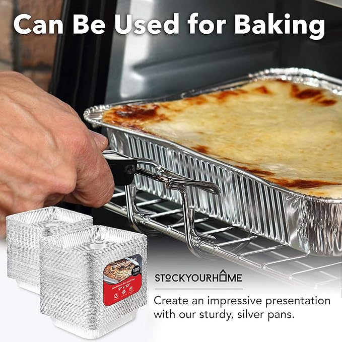 Stock Your Home Aluminum Pans 9x13 Disposable Foil Baking Pans (Pack Of 100) - Half Size Steam Table Deep Pans - Tin Foil Pans Great for Cooking, Heating, Storing, Prepping Food