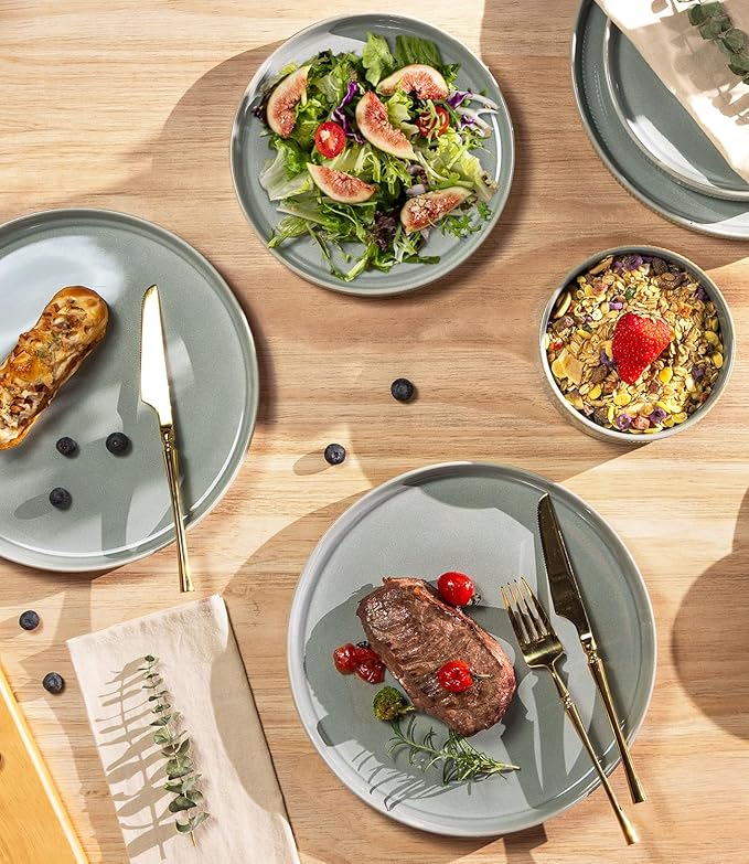 TheTerra Ceramic Dinnerware Sets for 6, 18 Pieces Porcelain Lightweight Plates and Bowls Sets, Scratch Resistant Dish Set, Oven & Microwave & Dishwasher Safe, Desert Sage