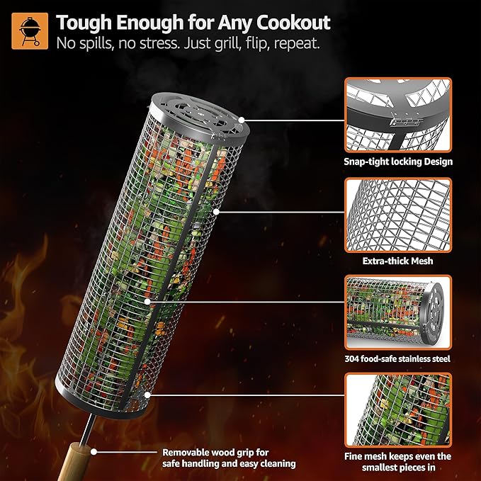 Sorbus Grill Basket - Stainless Steel Large Folding Barbecue Grilling Basket with Handle, Portable BBQ Accessories for Fish, Shrimp, Vegetables, Grilling Accessories, Gifts for Outdoor Cooking Camping (Round 2 Pack)