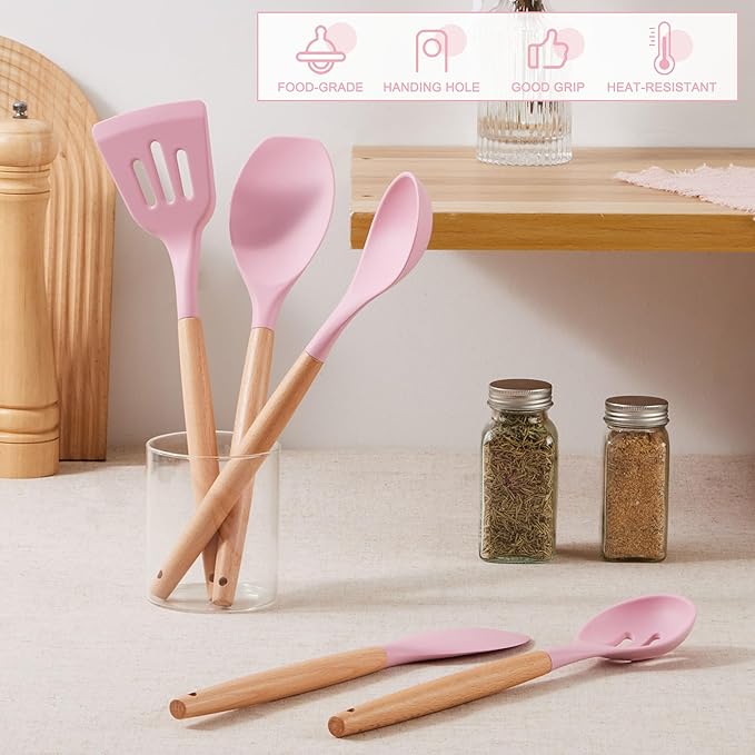E-far Silicone Cooking Utensils Set, 10-Piece Kitchen Utensils Set with Wooden Handle for Cooking, Non-toxic Silicone Kitchen Nonstick Tools Spatula Whisk Tongs Ladle, Heat Resistant & Health, Pink