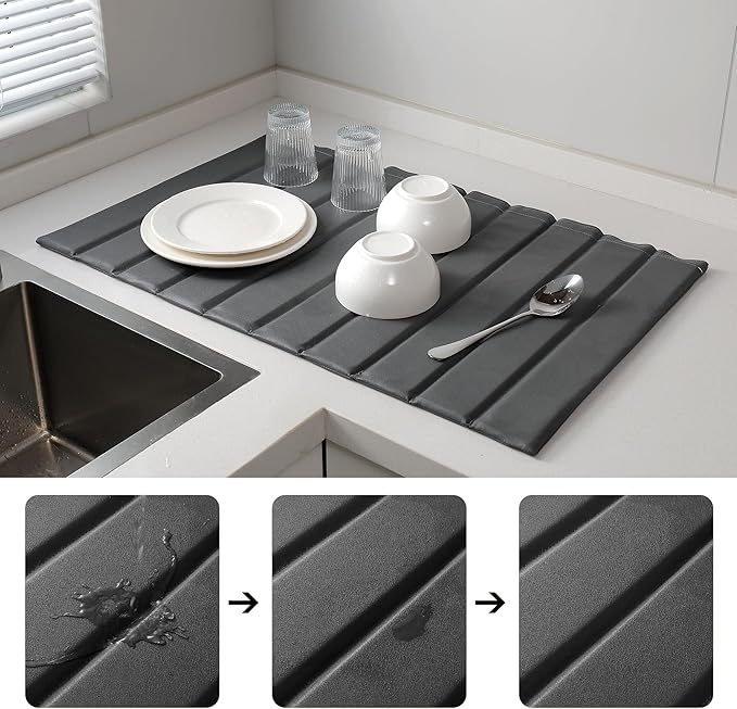 Stone Drying Mat for Kitchen Counter, Large Collapsible Diatomaceous Earth Supe Absorbent Quick Dry Stone Mat Kitchen，PU Leather Surface Removable and washable (Dark Gray, 23.6”x15.4”)