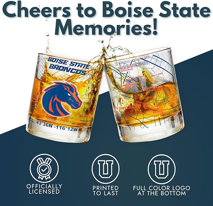 Greenline Goods – Boise State University Broncos College Whiskey Glasses (Set of 2), 10 oz – Full-Color Logo + Campus Map