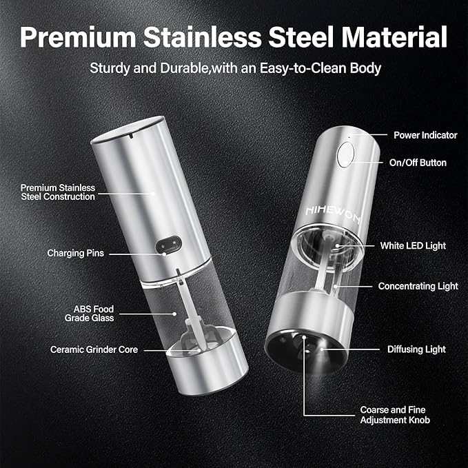 Electric Salt and Pepper Grinder Set Rechargeable, Automatic Salt and Pepper Grinder Set for Kitchen, USB Charging Base & LED Light, Adjustable Coarseness, Stainless Steel