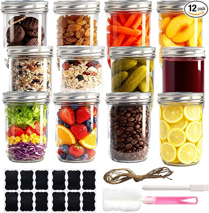 Wide Mouth Mason Jars 16 oz with Lids, Glass Jars with Airtight Lids and Band, Safe for Canning, Food Storage, Pickling, Overnight Oats Container, Pint Size (Pack of 12)