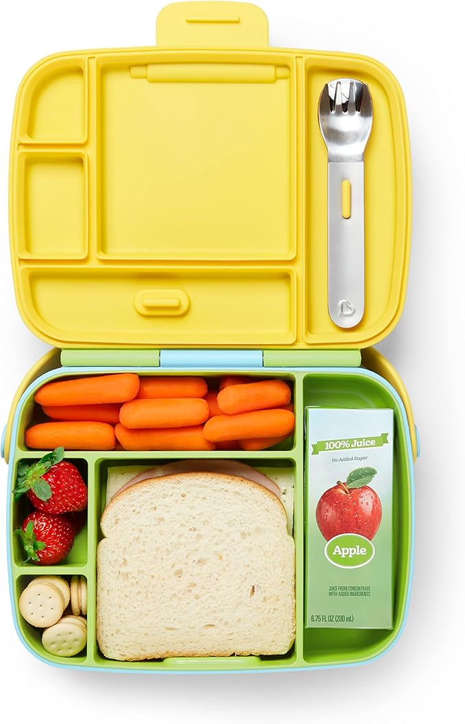 Munchkin Lunch Bento Box for Kids and Toddlers, Includes Stainless Steel Utensils, BPA-Free, 18 Months and Up, Blue/Green/Yellow