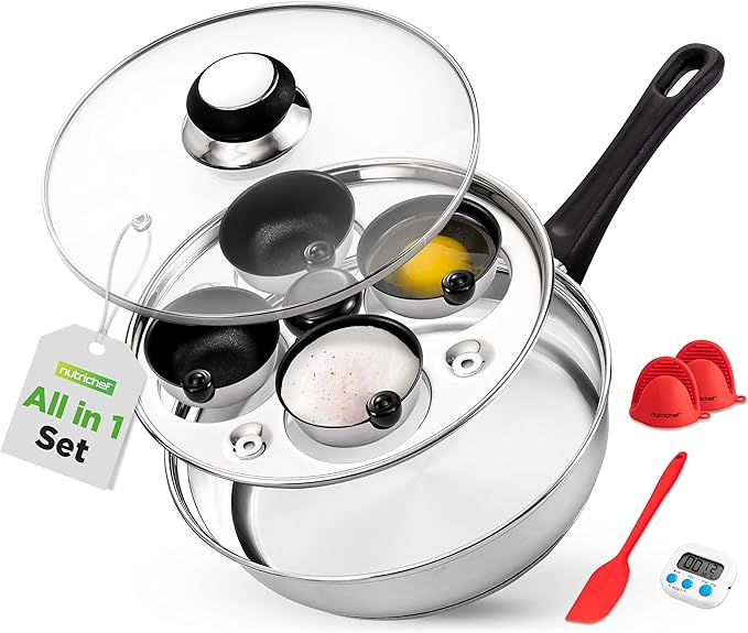 NutriChef Egg Poacher Pan Set - 7.87” Stainless Steel Poached Egg Cooker with 4 Non-Stick Poaching Cups, Glass Lid, Timer, Oven Mitt, and Spatula for Perfect Poached Eggs, Induction Compatible, Silver