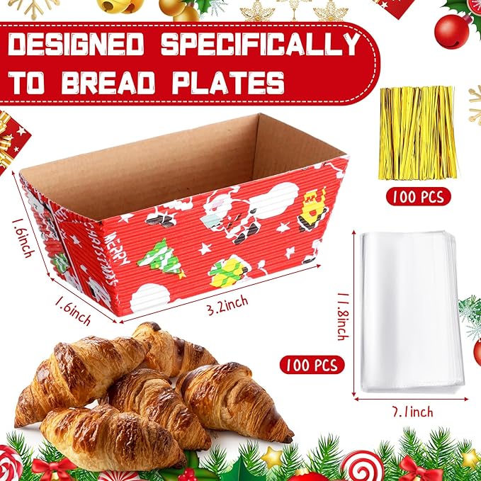 100 Sets Christmas Paper Loaf Pans Mini Disposable Baking Bread Pans with 100 Pcs Clear Bread Bags with Ties Rectangle Loaf Molds for Cake Oven Baker(3.2 x 1.6 x 1.6 Inches)