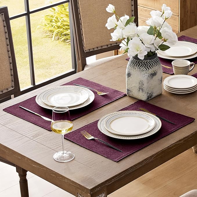 Romanstile Cloth Placemats Set of 8-12 x 18 Inch, Heat Resistant Double Layered Thickened Burlap Place Mats, Washable Linen Farmhouse Table Mats for Kitchen/Dining/Party/Outdoor, Purple