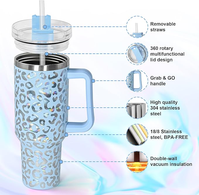 sweet grain 40 oz Tumbler with Handle and Straw, Stainless Steel Blue Leopard Print Tumbler and Straw Lid, Double Vacuum Cheetah Cup, Keeps Drinks Cold Up to 24 Hours