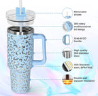 sweet grain 40 oz Tumbler with Handle and Straw, Stainless Steel Blue Leopard Print Tumbler and Straw Lid, Double Vacuum Cheetah Cup, Keeps Drinks Cold Up to 24 Hours