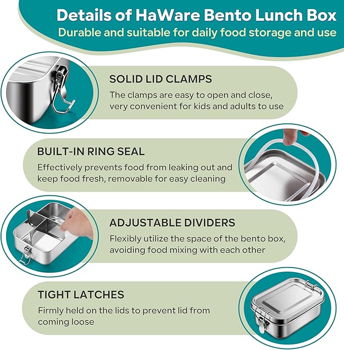 HaWare Stainless Steel Bento Box, 29oz (850ML) Leak-Proof Lunch Box for Kids Adults, 3 Compartments Food Containers with Removable Dividers and Bag, Metal Lunch Containers for Snack Meal Sandwich