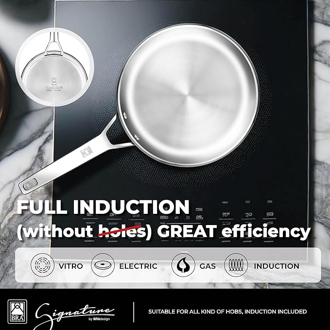 BRA COOKWARE Signature Deep Frying Pan | 9.5 inches Professional High Skillet | Stainless Steel Deep Frying Pan | All Stovetop Compatible | PFOA Free | w/o Non-Stick Coating | Polished Finish