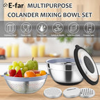 E-far Colander with Mixing Bowl Set, 4-1 Stainless Steel Colander Strainers Bowl with Graters for Kitchen, Rotatable Food Strainer Bowl for Rinsing Fruits Vegetables/Draining Pasta - Black