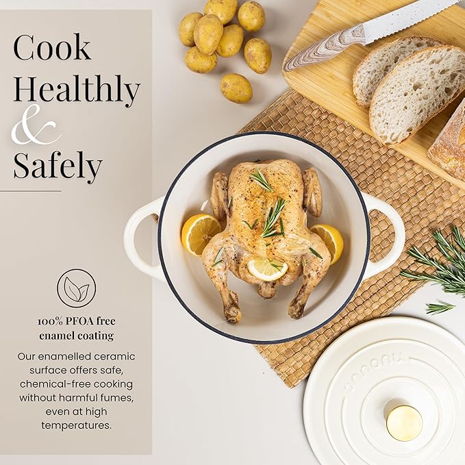 Nuovva Enamelled Cast Iron Dutch Oven Pot with Lid – 6.4 Quart Non Stick Casserole Pot – Heavy Duty & Oven Safe up to 500° F for Bread Baking, Braising, Stews, Roasting – 28cm Cream