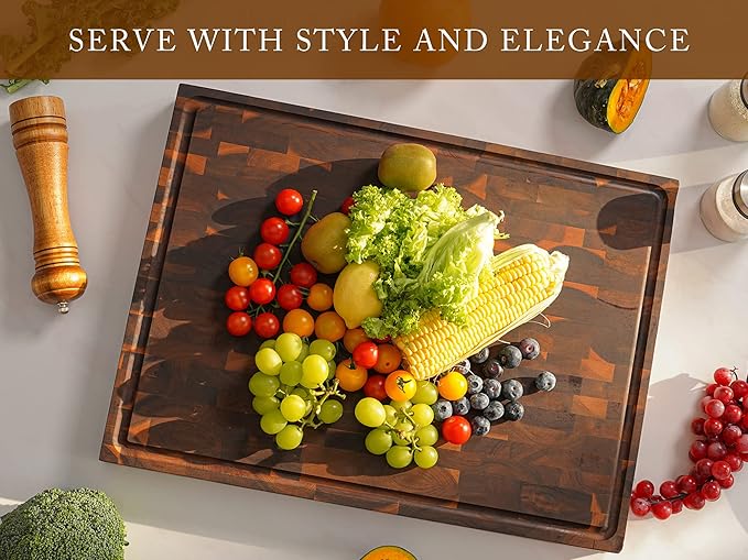 AZRHOM Extra Large Thick Walnut Wood End Grain Cutting Board 20x15x2 In, Wooden Butcher Block, Chopping Board For Kitchen with Juice Groove Handles Non-Slip Pats (Gift Box)