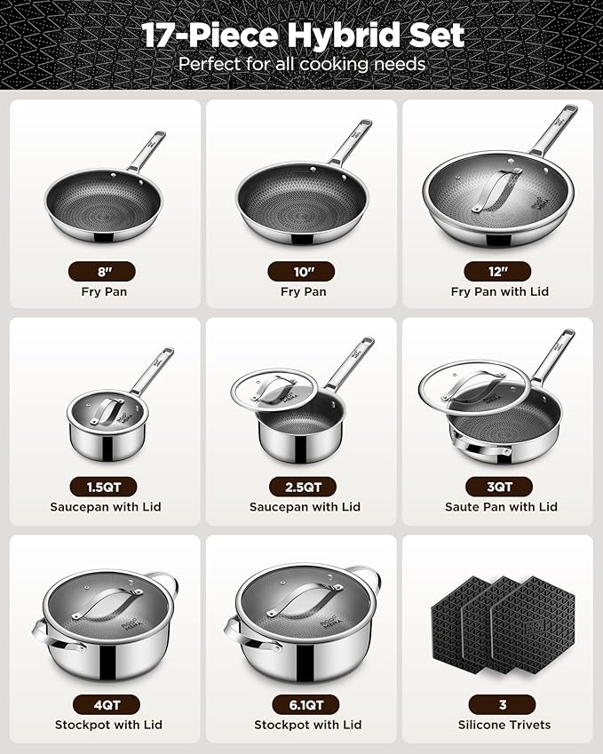 Pots and Pans Set Hybrid Stainless Steel, 17PC Nonstick Tri-Ply Cookware Set w/Frying pan, Dishwasher & Oven Safe, PFOA-Free, Metal Utensil Safe, Suitable for All Cooktops