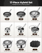 Pots and Pans Set Hybrid Stainless Steel, 17PC Nonstick Tri-Ply Cookware Set w/Frying pan, Dishwasher & Oven Safe, PFOA-Free, Metal Utensil Safe, Suitable for All Cooktops