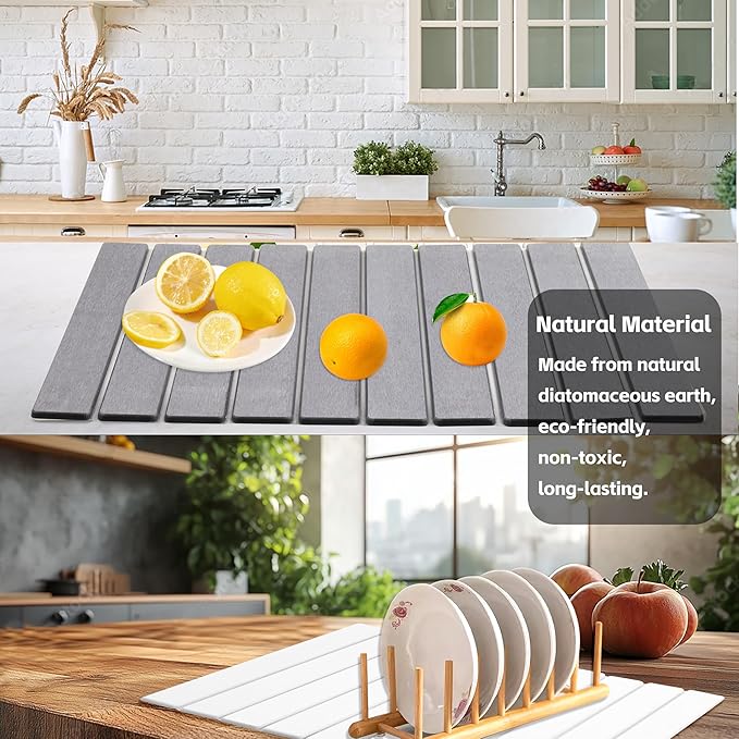 Quick Dry Collapsible Dish Drying Mat, Eco-Friendly Absorbent Diatomaceous Earth Mats for Dishes Bottles Cups 24"×16"Large Stone Dish Drying Mats for Kitchen Counter (Gray, 24"（L）×16"（W）)