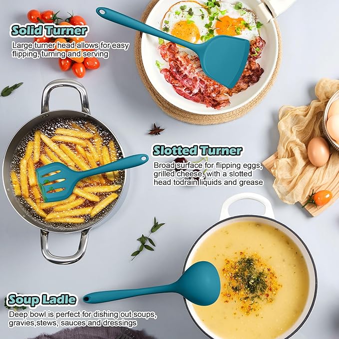 Homikit Silicone Cooking Utensils Set, 15-Piece Nonstick and Heat Resistant Kitchen Utensil Spatula Set with Holder, Kitchen Gadgets Home Essentials & Pots and Pans Accessories, Blue