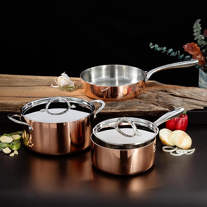 BergHOFF Vintage 5Pc Tri-Ply Copper 18/10 Stainless Steel Cookware Large Sized Set With Matching Lids, Polished, Long Ergonomic Shaped Handle, 3-layer Base, Gold