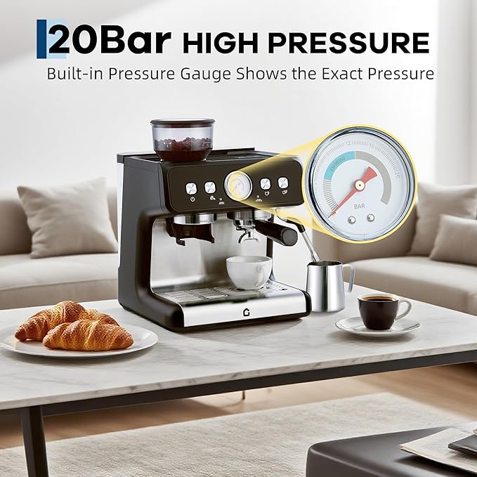 Stainless Steel Espresso Machine with Grinder and 20 Bar Pressure, 2.8l Removable Water Tank, Milk Frother Steam Wand for Latte and Cappuccino, Adjustable Shot Volume,Black