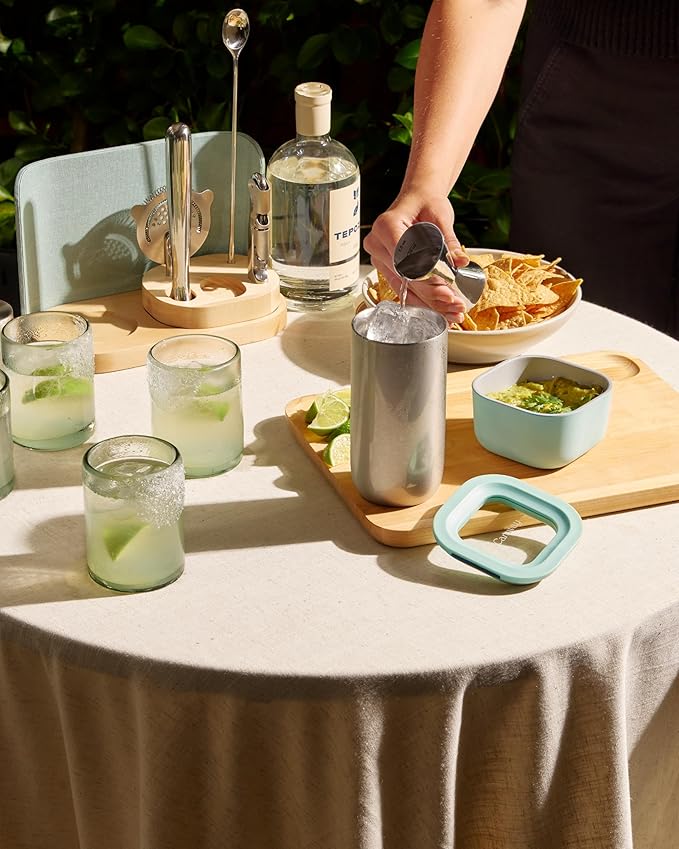 Caraway 9-Piece Complete Bar Set - Cocktail Shaker, Jigger, Muddler, Wine Key, Strainer, Bar Spoon, Storage Organizer, Magnetic Backer - Bartender Accessories - Tools for Home Bartending - Mist