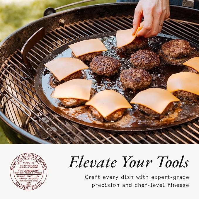 Made In Cookware - Seasoned 17" Round Carbon Steel Griddle + Grill Press - (Like Cast Iron, but Better) - Professional Cookware - Crafted in Sweden - Induction Compatible