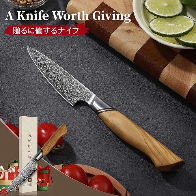 TIVOLI Damascus Paring Knife,VG-10 Fruit Knife with Razor Sharp Blade and Ergonomic Olive Wood Handle, Ideal for Home and Kitchen