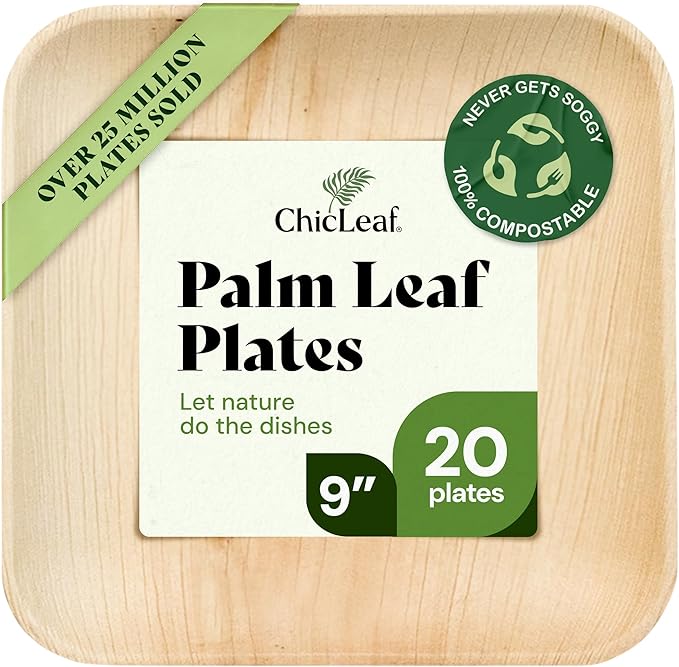 Chic Leaf Palm Leaf Disposable Bamboo Plates - Party Plates for Weddings & Event Appetizers - Biodegradable & Compostable - Party Supplies (9", 20 Pack)
